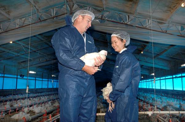 man and woman in PPE holding chicken