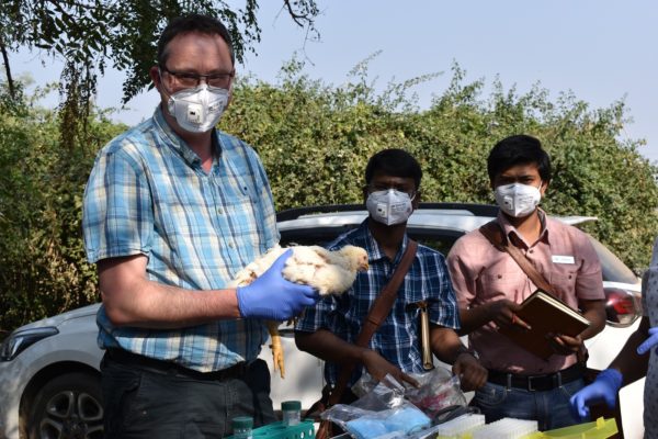 researchers with a chicken